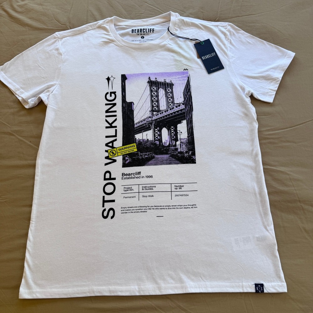 Bearcliff Mens Graphic Tee White Stop Walking Bridge Print T-Shirt Large NWT